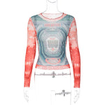 Long Sleeve Graphic Mesh Tops