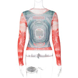 Long Sleeve Graphic Mesh Tops